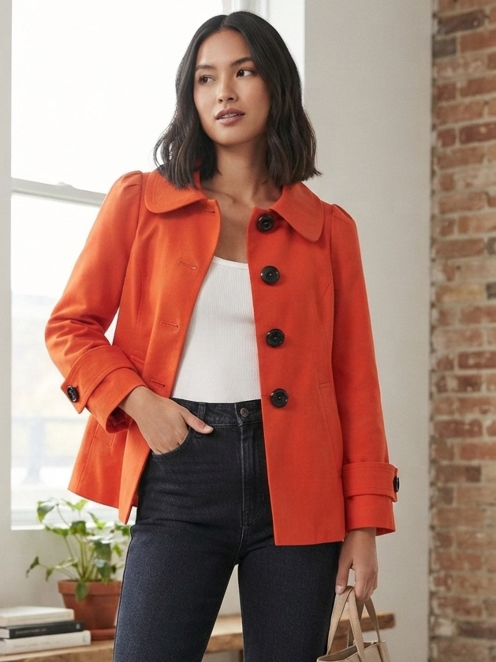Zara Women's Basic Cropped Jacket Bold Stylish Orange 100% Heavy Cotton Size S